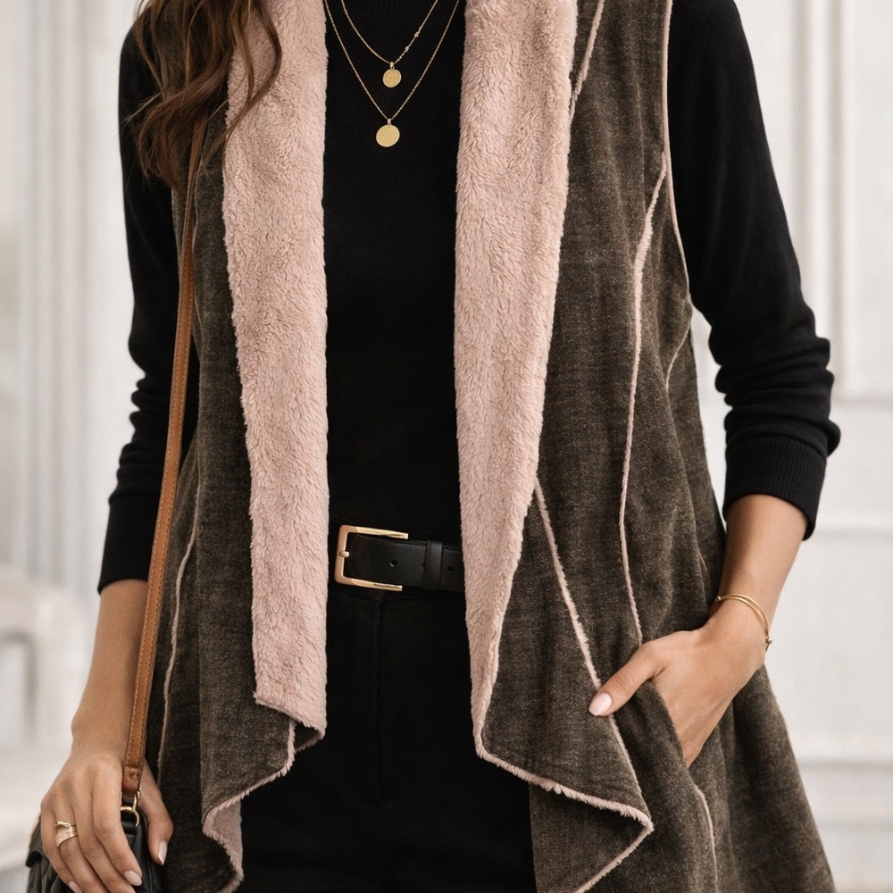 Boho Faux Shearling Vest Drape Open Front Cabin Core Western Layering Piece - Picture 6 of 8